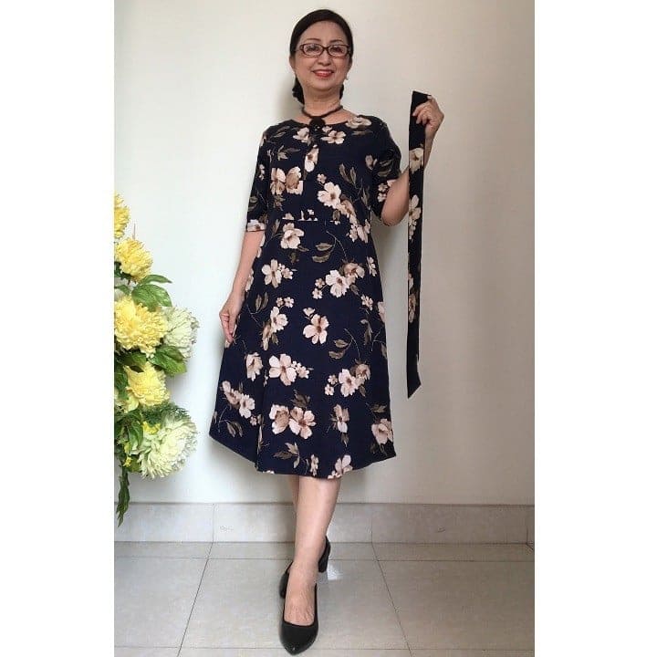 [HCM]Đầm Xòe Trung Niên Vải Lụa Nhật mềm co giãn nhẹ