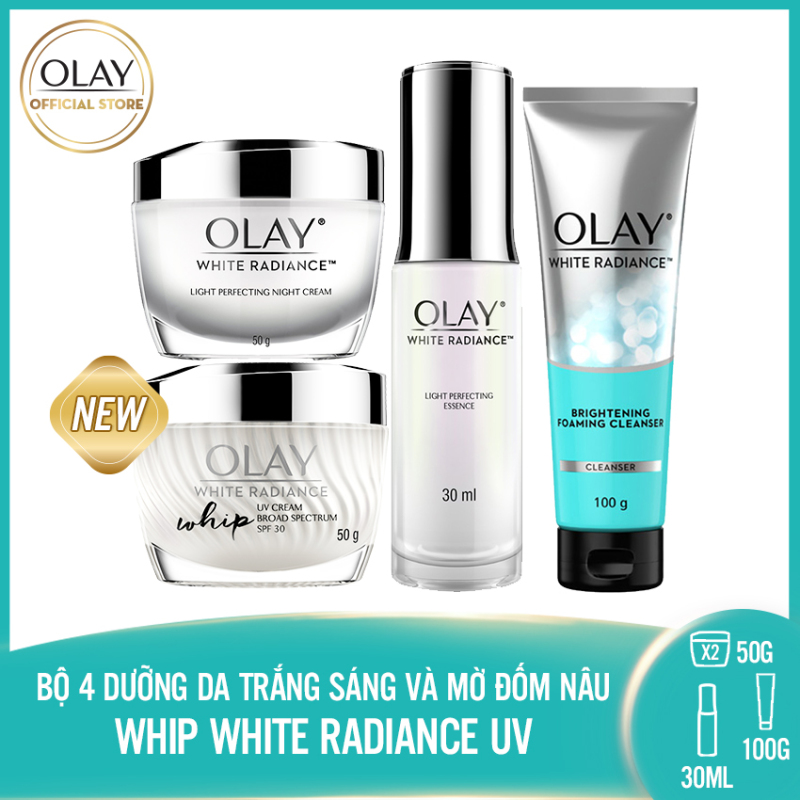 Trọn bộ 4 sản phẩm dưỡng da trắng sáng và xóa mờ đốm nâu Olay White Radiance Whip giá rẻ