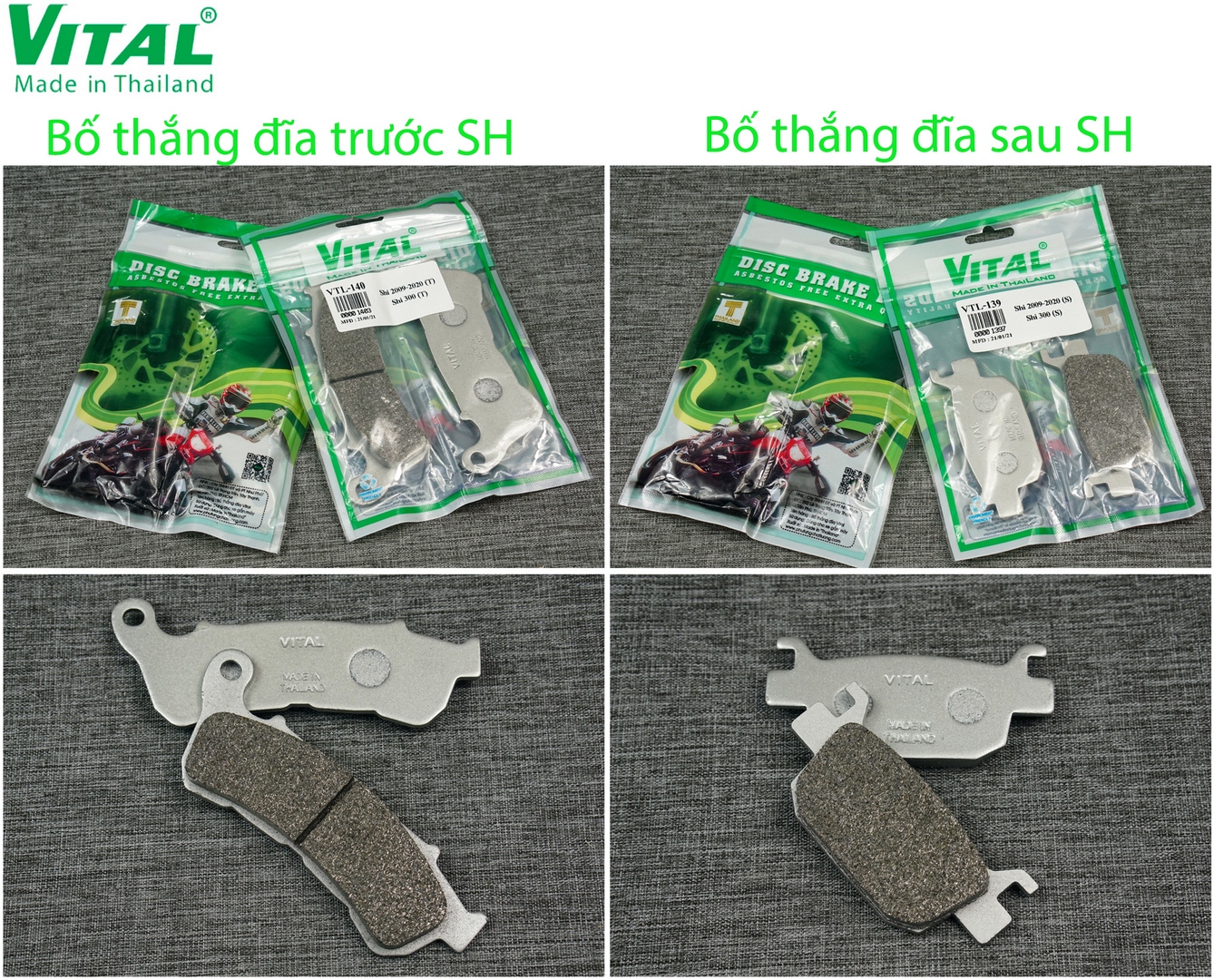 Bố thắng đĩa trước + sau sh, shi 2009 - 2020, shi 300 hiệu vital - má phanh xe máy, bố thăng đĩa vital chính hãng