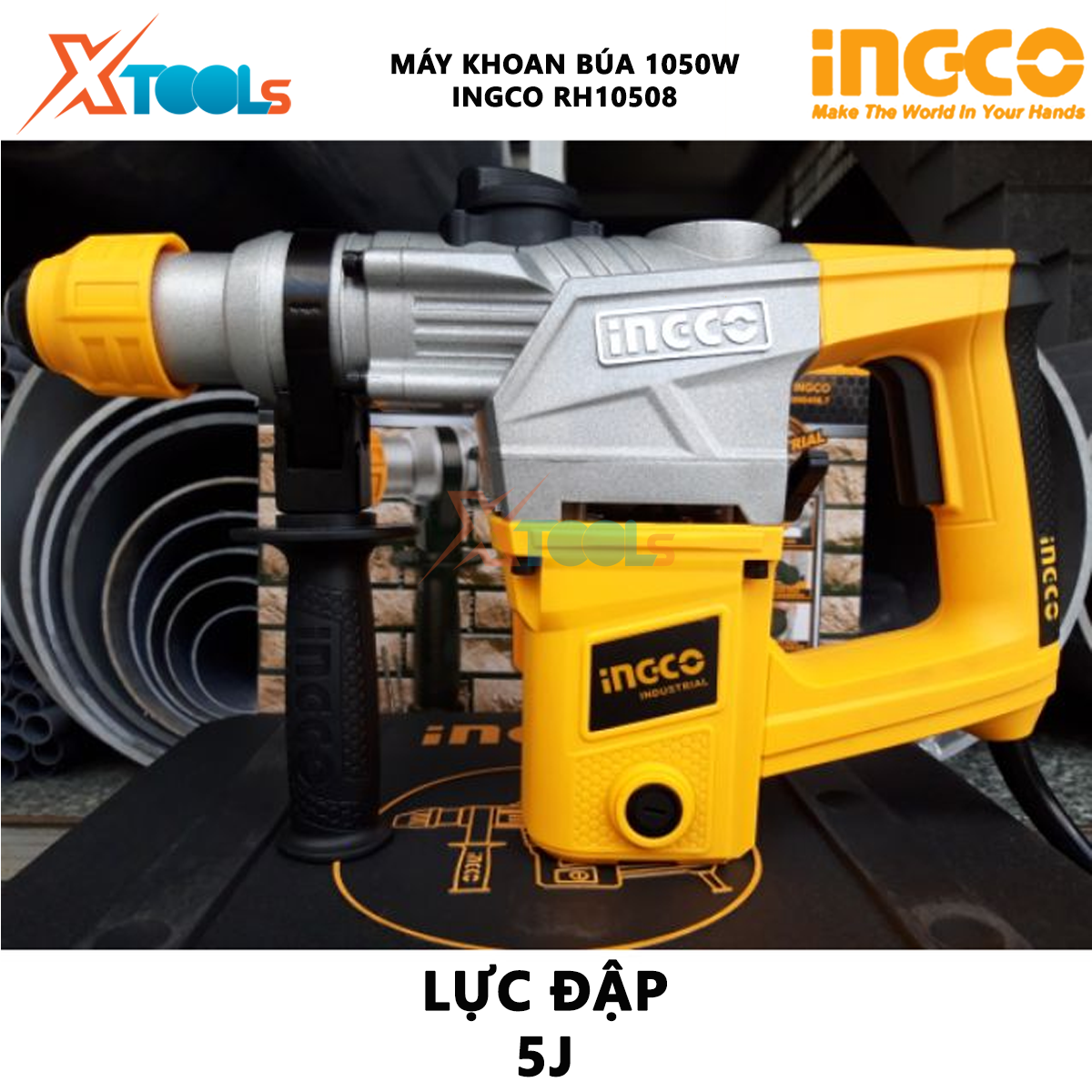 Máy khoan cầm tay 3 chức năng 1050w Ingco RH10508 đầu khoan gài sds, lực đập 5jkèm 3 mũi khoan gài, 2 mũi đục Máy khoan đục bê tông