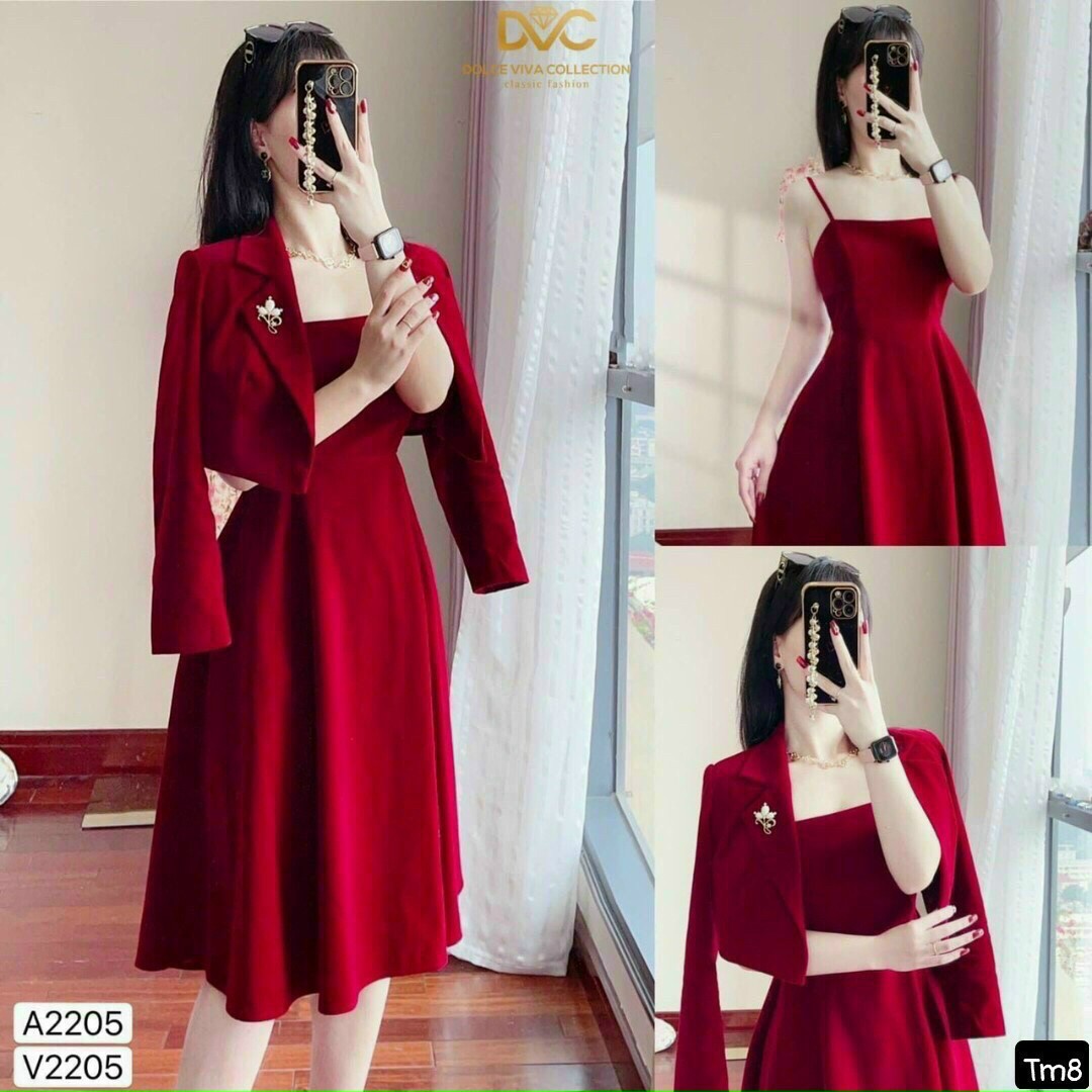 Set đầm hai dây xòe và áo khoác ngoài Rose Fashion