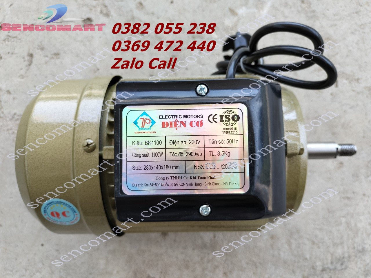 Mô tơ động cơ Toàn Phát 1,1kw vòng tua 2900v/p dây đồng 100%, điện 1 pha, trục 16mm
