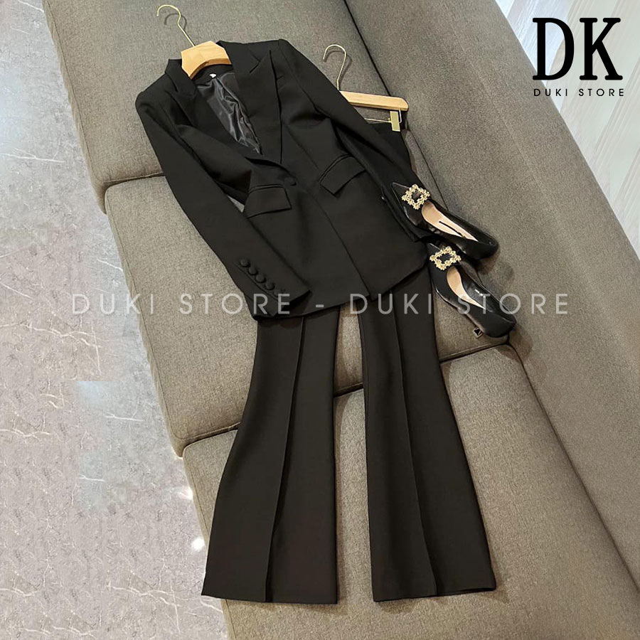 Bộ vest nữ 1 cúc hàn quốc ống loe màu đen đẹp cao cấp dku0067 - duki store