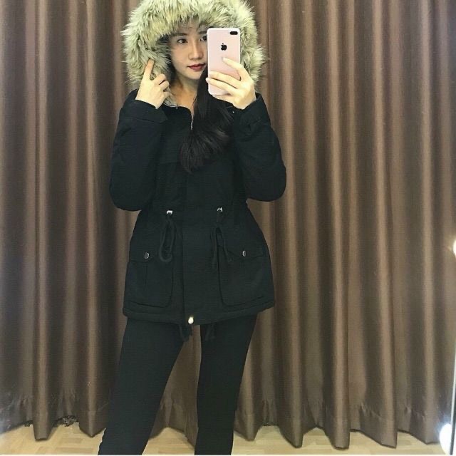Áo Parka nữ túi hộp lót lông cừu mũ lông to đẹp rút eo siêu xinh