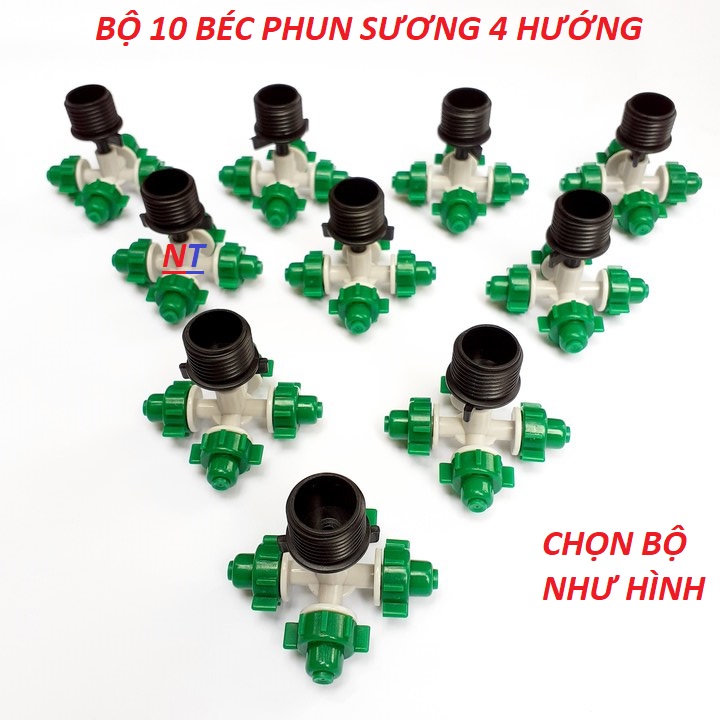 10 béc phun sương 4 hướng và đầu nối ren ngoài phi 21mm. Hàng nhập khẩu, có logo, loại tốt