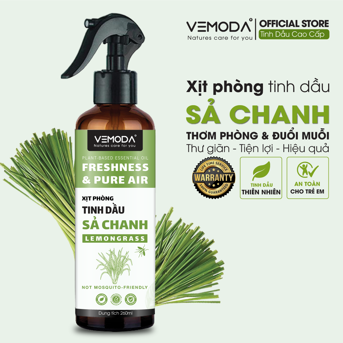 Xịt thơm phòng tinh dầu Sả chanh Vemoda 260ml