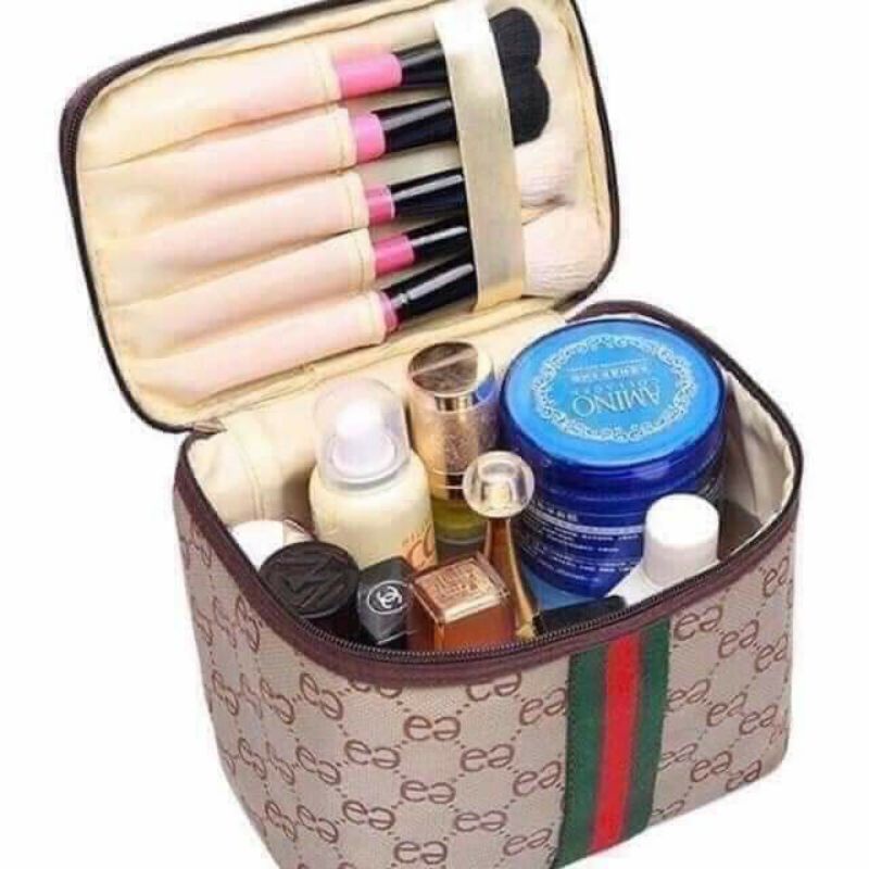 [ TẶNG 1 KHĂN MẶT ] Túi Đựng Mỹ Phẩm Mini Chuyên Dụng ( Màu Nâu) - Túi đựng mỹ phẩm đồ trang điểm xách tay hình hộp, giỏ mỹ phẩm du lịch, cốp đựng mỹ phẩm