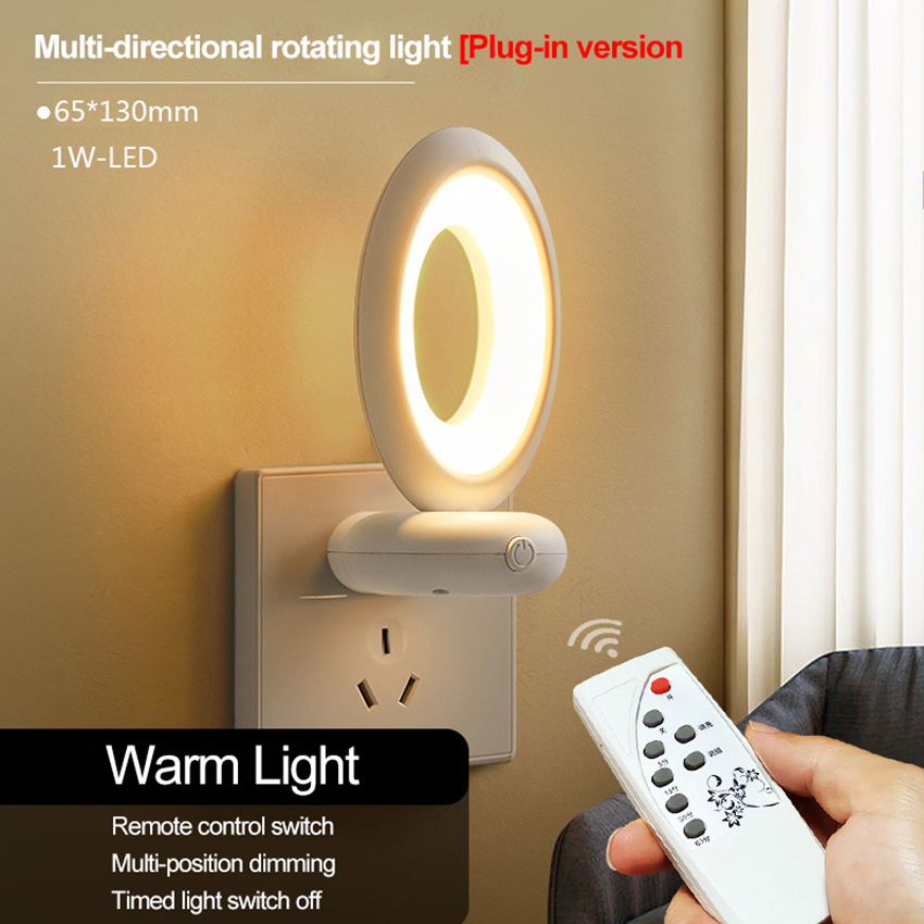 Vimite 3-color remote control LED night light Plug and shine 350° rotating night light soft eye protection sleep atmosphere bedroom bedside lamp US Plug Socket Kids Room Home Decoration Baby Socket Lighting Switch