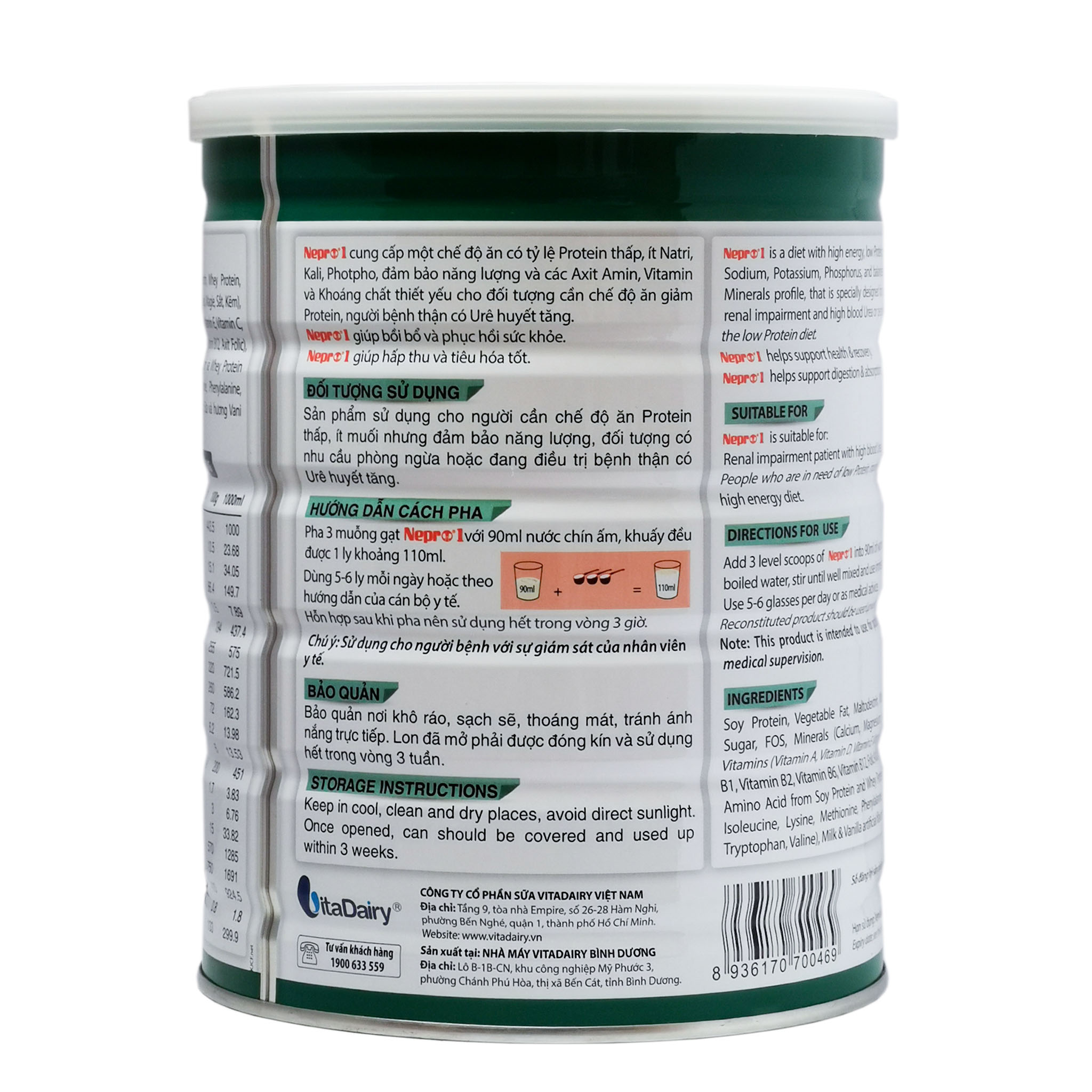 Sữa Bột Vitadairy Nepro 1 - Hộp 900g (Dành cho người bệnh thận có URÊ huyết tăng)