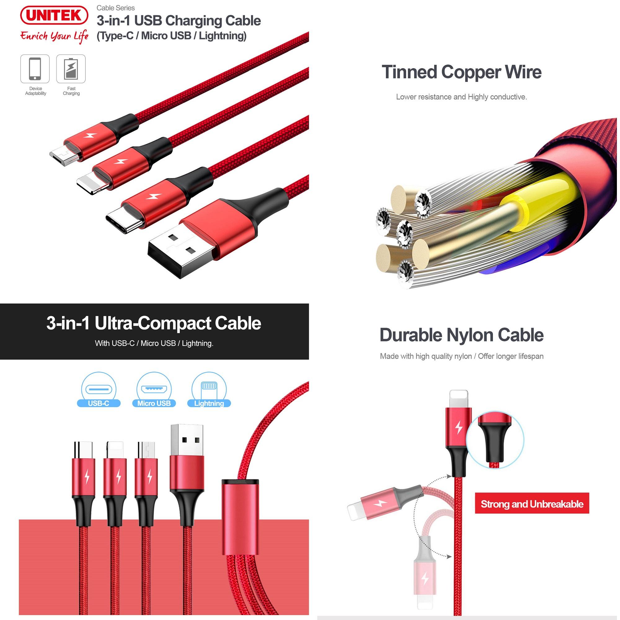 Cáp sạc 3 đầu microUSB/Lightning/Type-C Unitek C4049RD dài 1.2m - bọc dù chống đứt (Đỏ) - Nhất Tín Computer