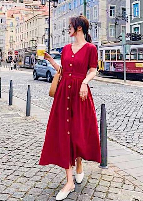 [HCM]Đầm đỏ form dài bo eo v2