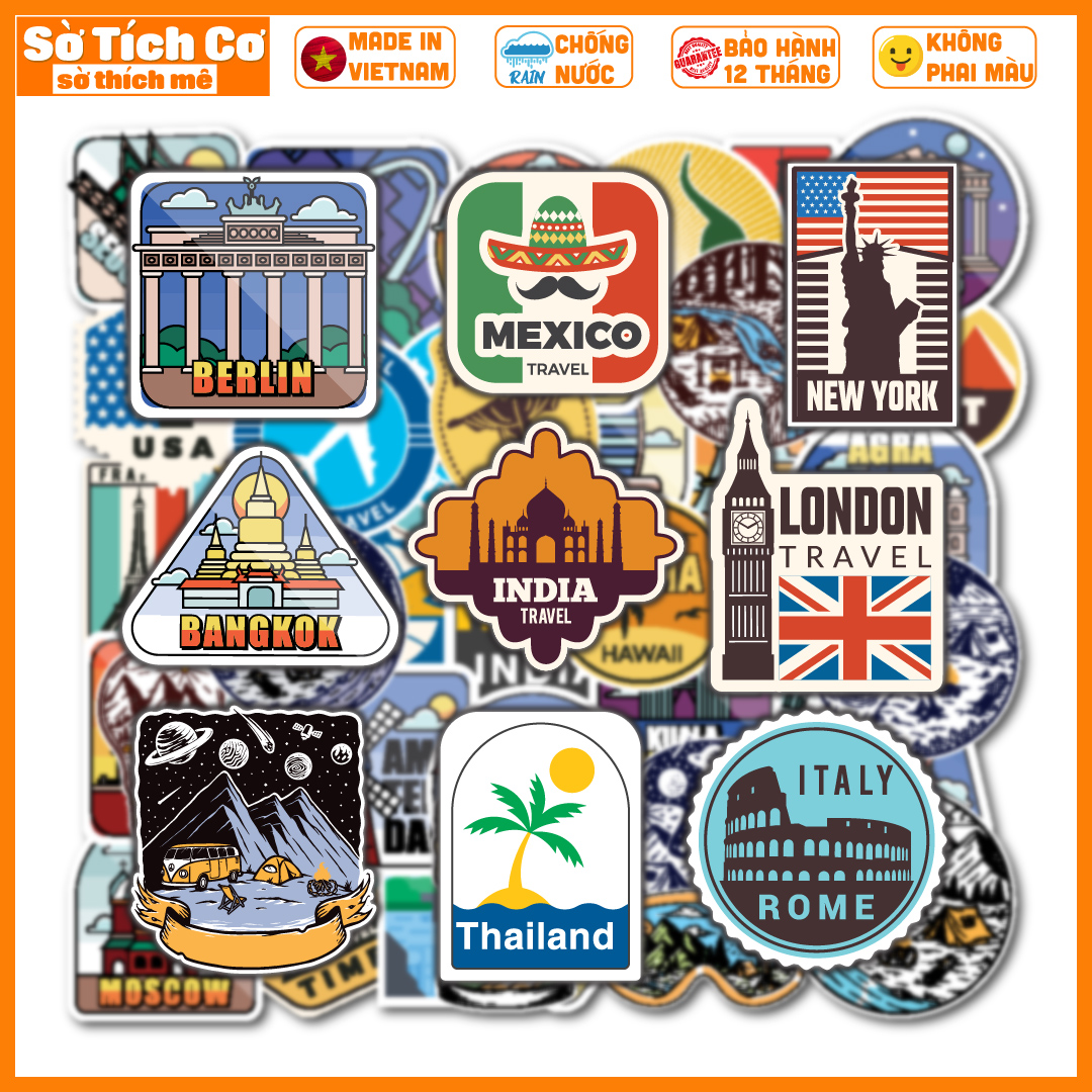 Bộ 50 Sticker Vintage Country dán điện thoại laptop nón bảo hiểm guitar vali MSP: T11