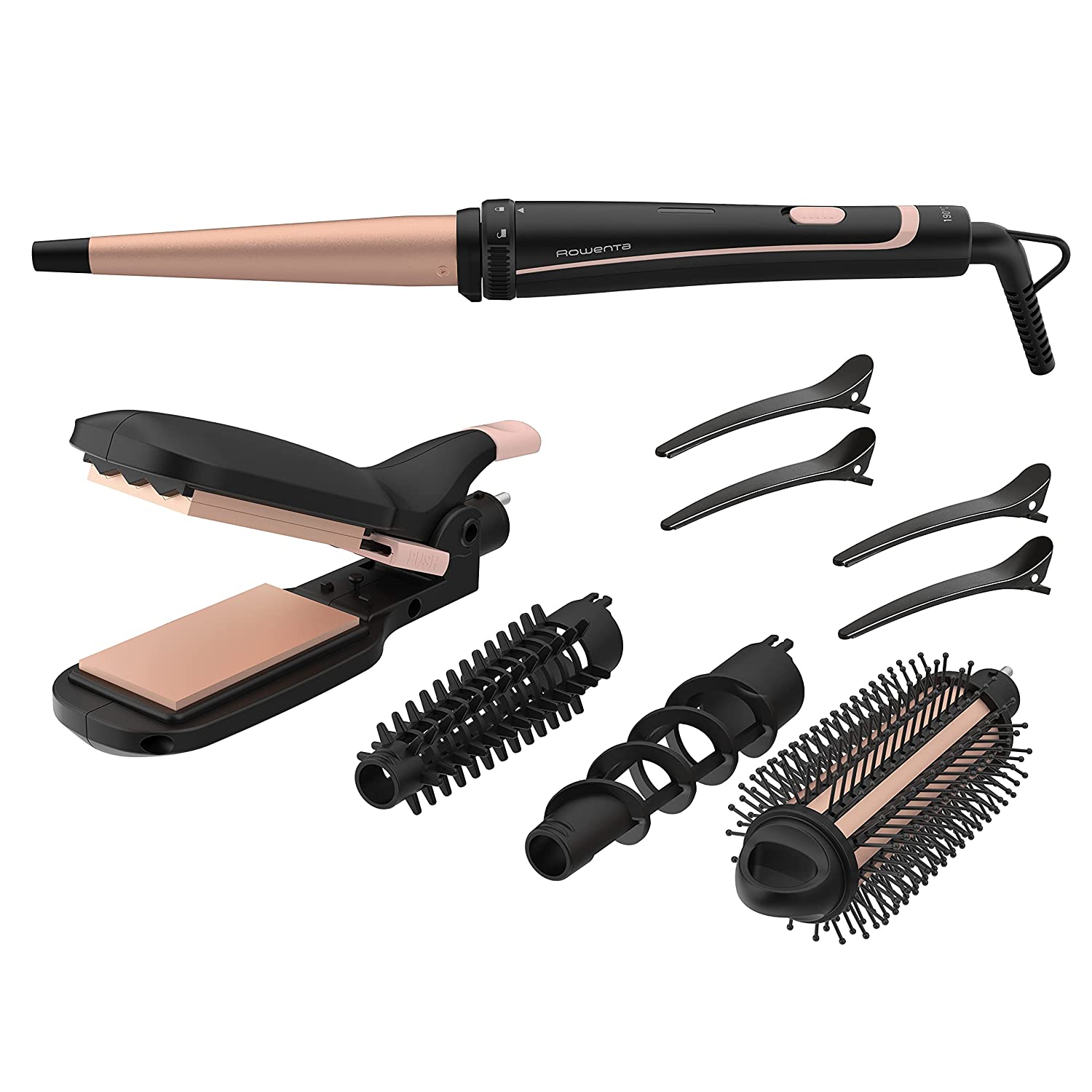 Rowenta CF423 Infinite Looks 14-in-1 Multistyler | Ceramic Coating | Cool Tip | Includes Styling Attachments (Hair Straightener/Crepe Iron/Curling Iron/Hot Air Brush) and Accessories | Black/Copper