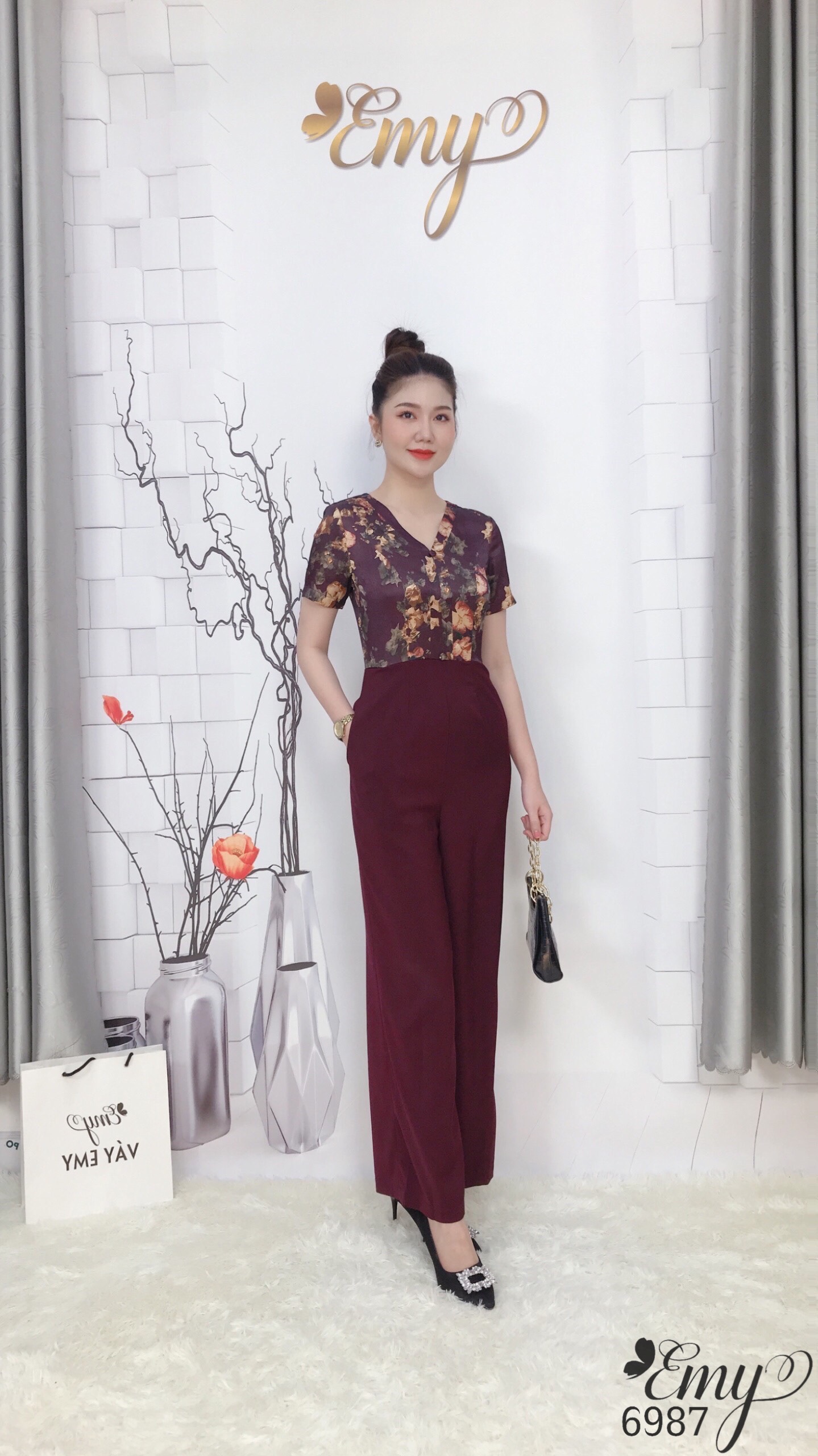 Đầm EMY EM6987 Jum Phối Cổ V Ống Suông