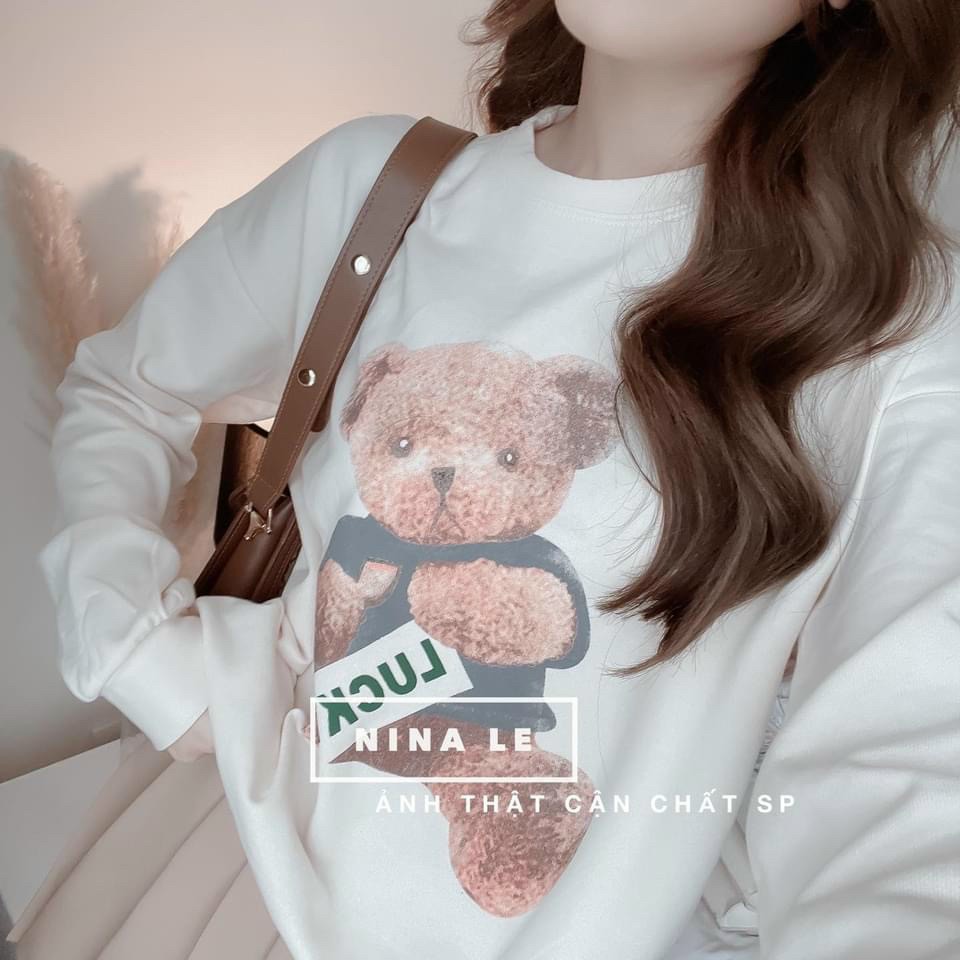 Set bộ áo thun cotton tay dài kèm chân váy ford ngắn cực xinh - thiết kế họa tiết hoạt hình in 3D Bear