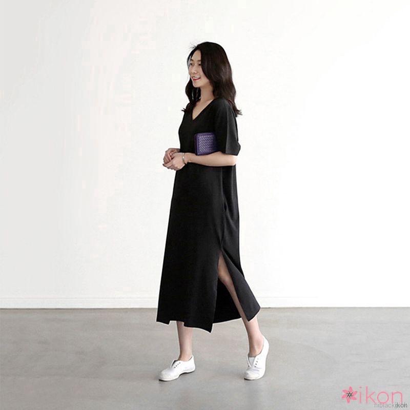 [Yến Trần] Váy Suông Dáng Dài Cổ V Chất Đẹp Xẻ Chân