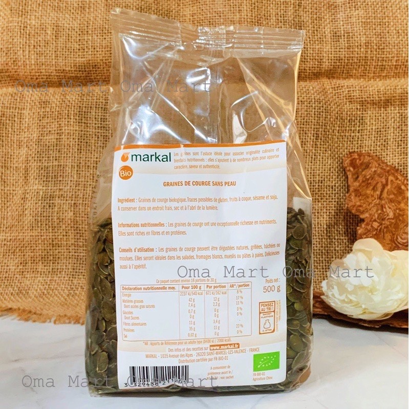 Hạt bí hữu cơ đã bóc vỏ markal 500g
