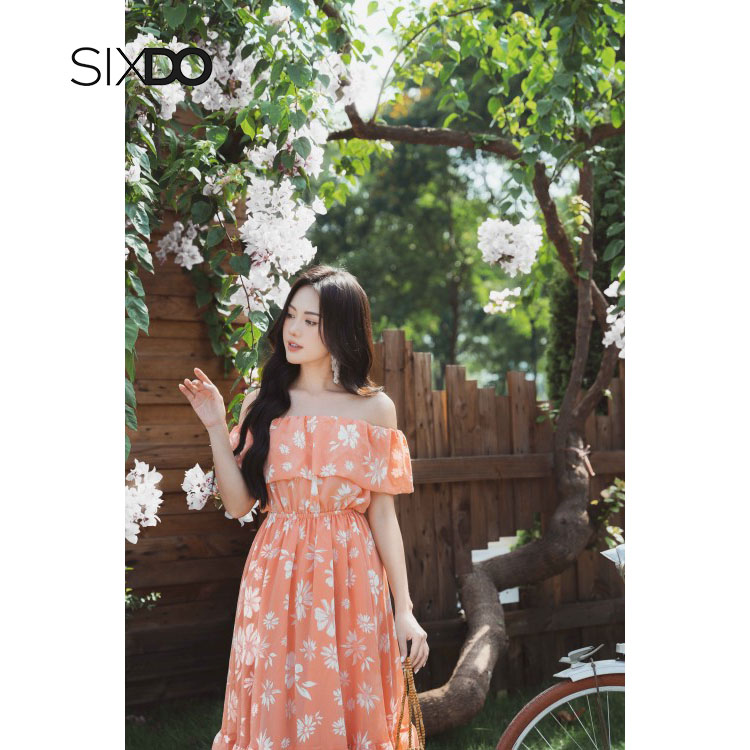 Đầm hoa voan midi trễ vai chun eo thời trang SIXDO (Floral Maxi Voile Dress)