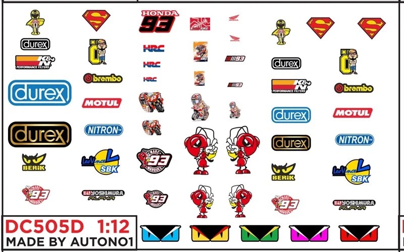 Decal nước tem các hãng - rossi 46 - ohlins - marquez - 93 - durex - fendi - free style trang trí xe 1:12 autono1 dc505