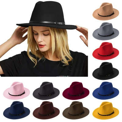 DOYOURS Vintage with Belt Buckle Wide Brim Autumn Winter Panama Jazz Hat Felt Fedora Hats Outback Hat Cowboy Hat