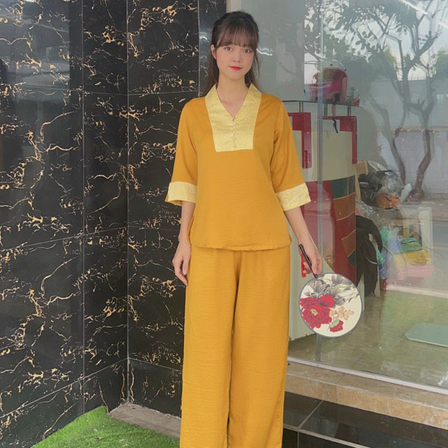 Quần Áo Phật Tử, Đồ Lam Đi Chùa Nữ Lụa Phối Gấm Pa15 - Mixasale