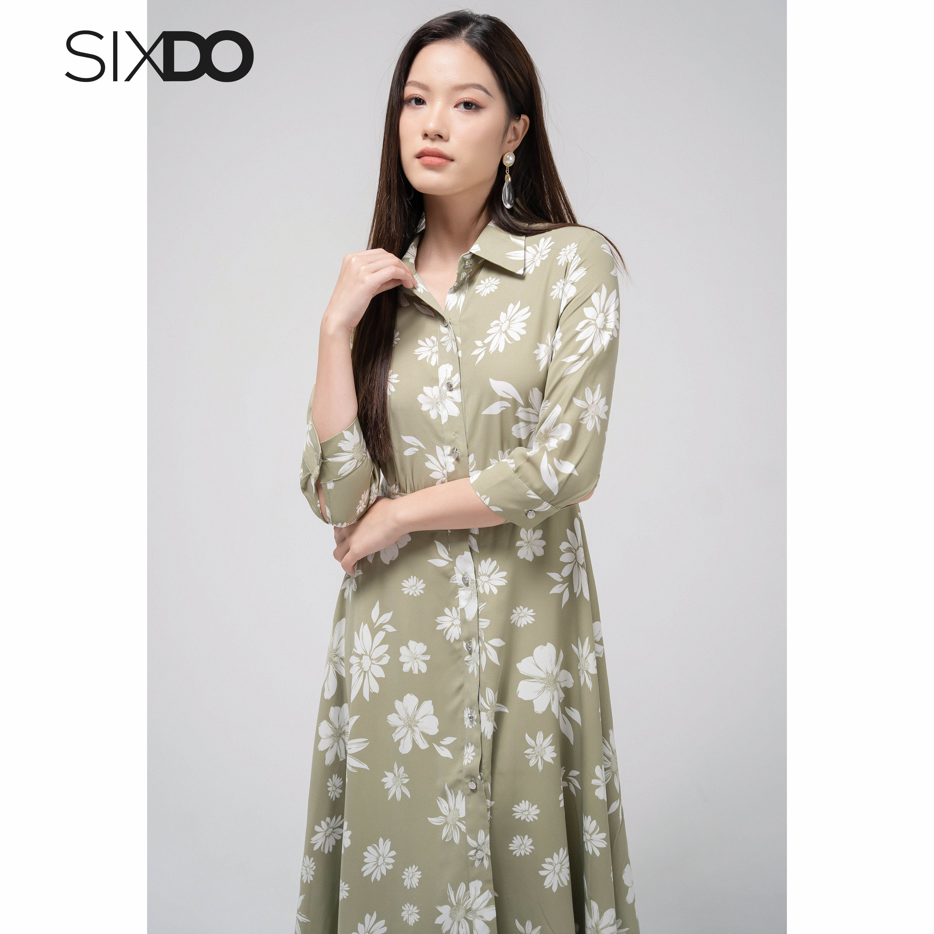 Đầm sơ mi lụa họa tiết hoa sixdo