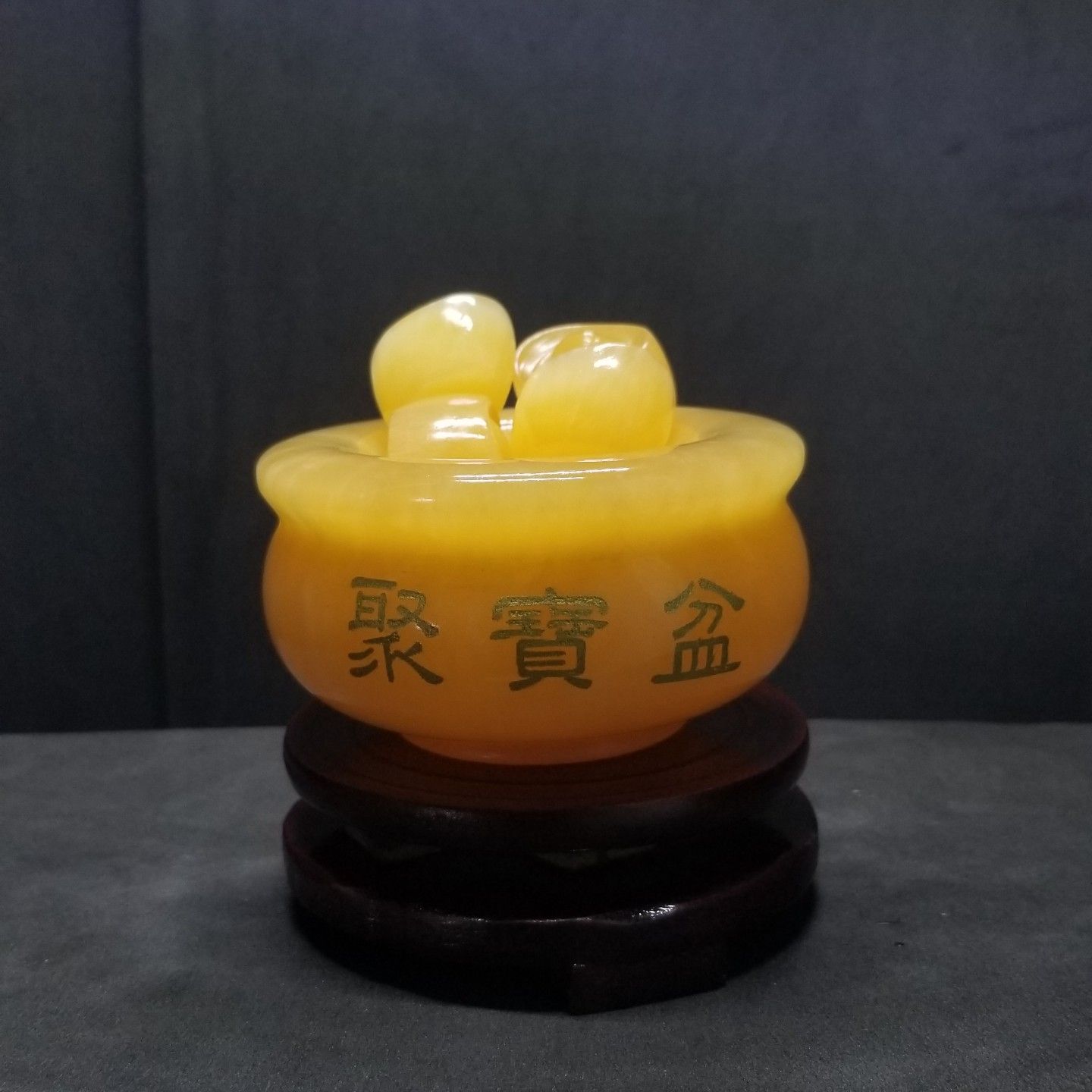 Bát tụ bảo đá ngọc hoàng long, bát vàng thần tài, tụ bảo bồn chiêu tài lộc - đường kính 10cm đế gỗ xoay