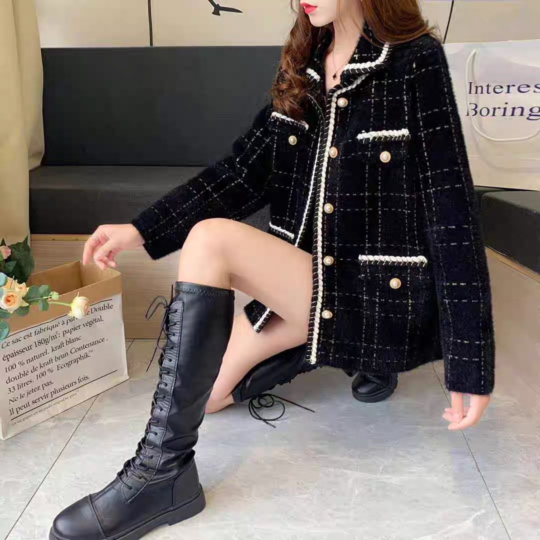 Áo khoác len dạ ép lông thỏ caro cổ sen cúc ngọc