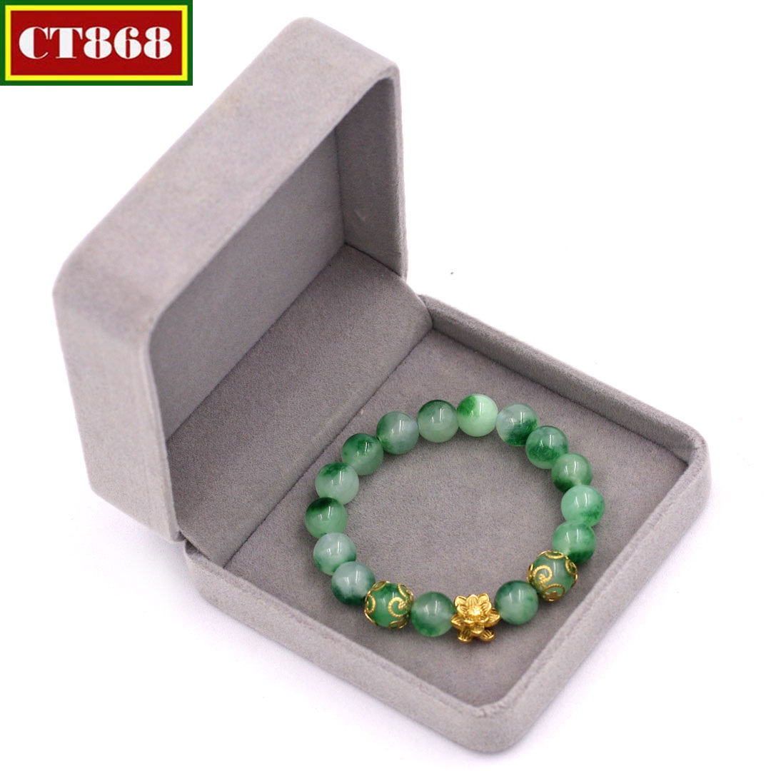[HCM]Vòng tay đá cẩm thạch xanh trắng 10 ly hoa sen vàng VCTXTHSBKV10 hộp nhung