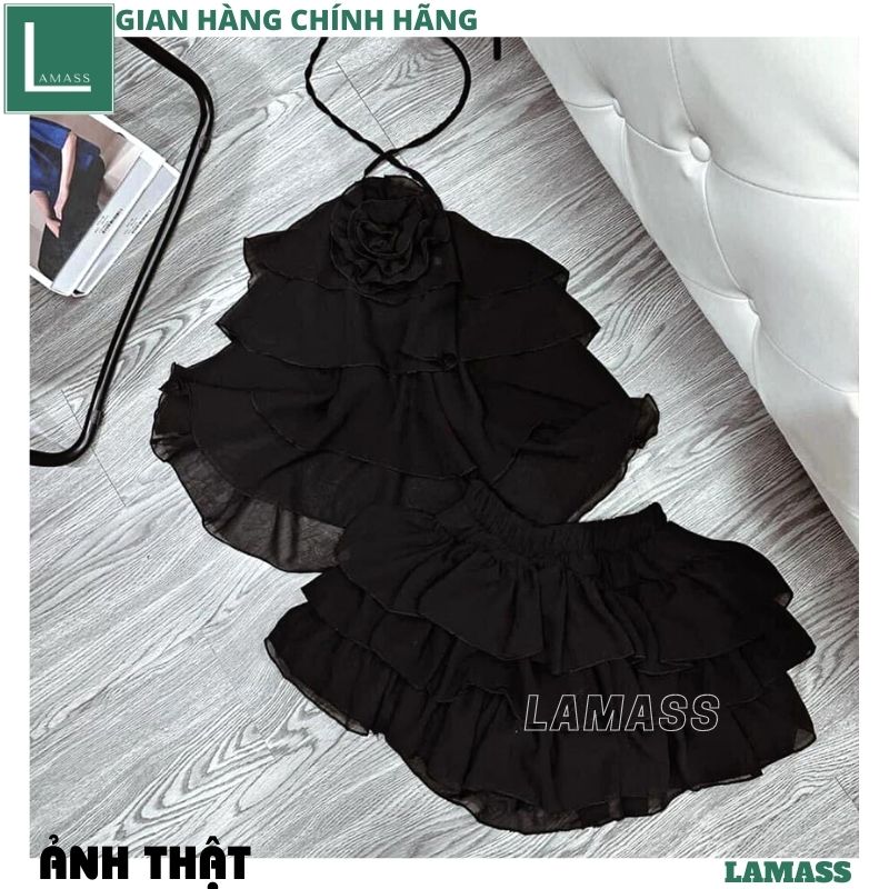 Set bộ áo voan cổ yếm đính hoa bèo tầng phối chân váy thời trang cực xinh, áo voan kèm chân váy bèo tầng điệu đà, set váy voan bồng bềnh áo yếm đính hoa siêu gợi cảm thời trang đẹp - lamass