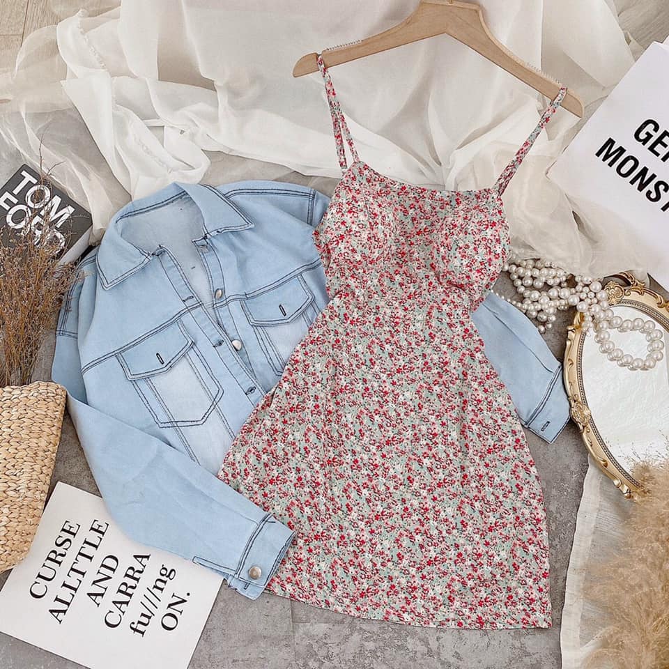 [HCM]Set đầm 2s hoa + khoác crop jean ??