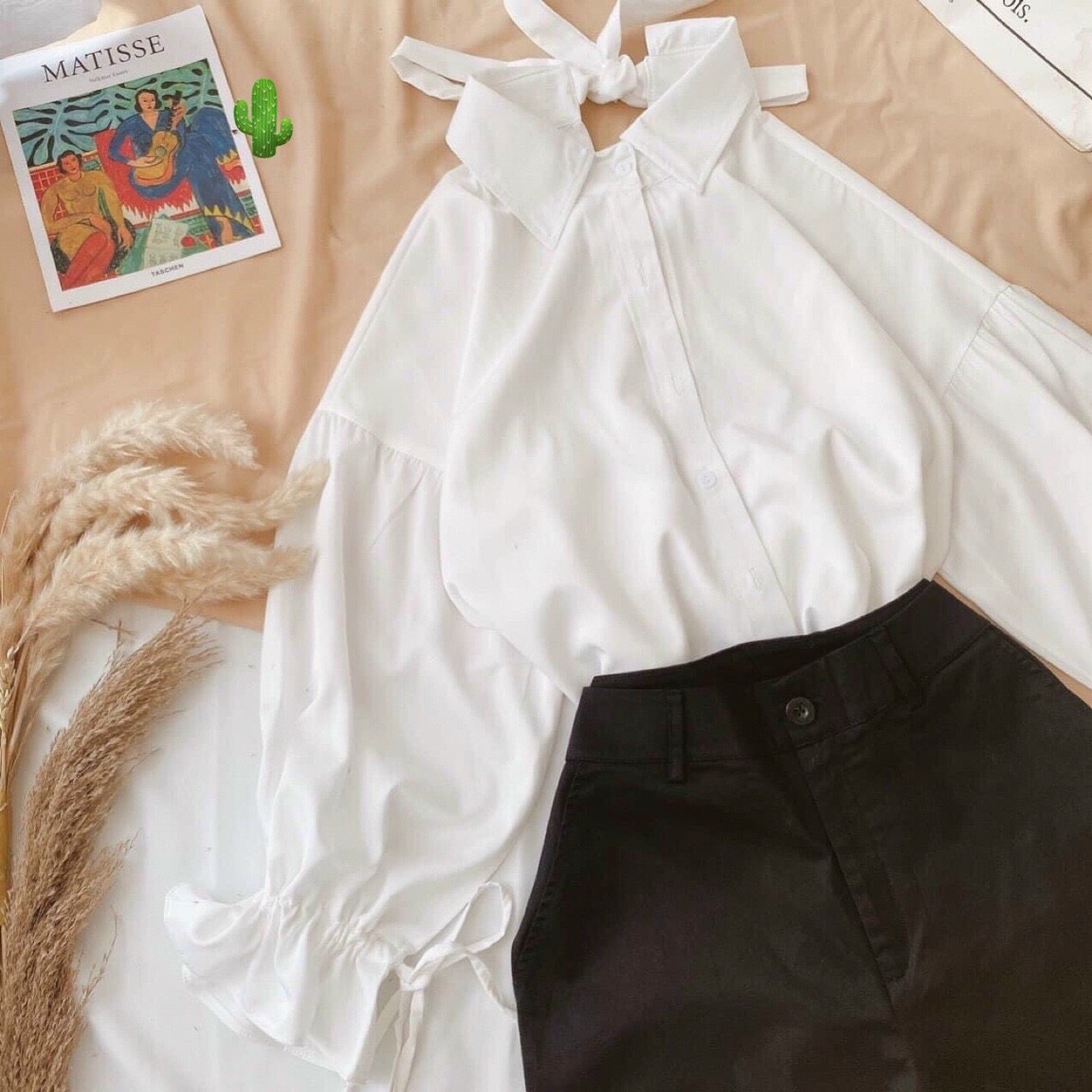 Áo sơ mi nữ trắng sau lưng thắt nơ tay phồng dài cột nơ nhí tinh khôi PC