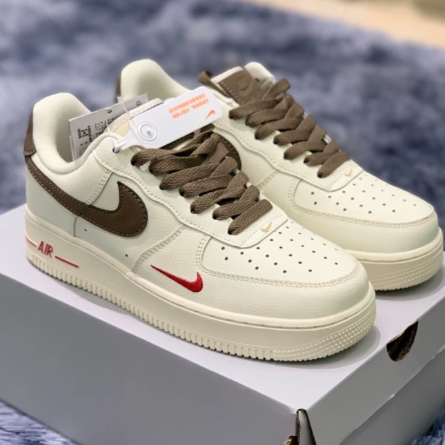 Giày thể thao NIKE AF1 Vệt Nâu, Giày air force 1 low premium white brown bản đẹp 2022 Full box bill tặng kèm dây