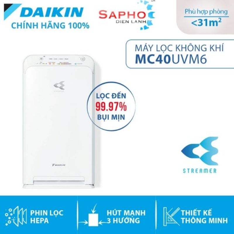 Máy lọc không khí Daikin MC40UVM6 - Điều hòa chính hãng - Phin lọc tĩnh điện Hepa - Hút gió 3 hướng - Vận hành êm ái - Thiết kế nhỏ gọn- Điện Máy SAPHO