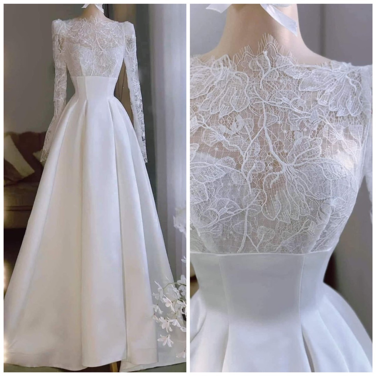 Đầm maxi mặc cưới tripble t dress xoè cổ cao phối ren hoa nổi - ms36y
