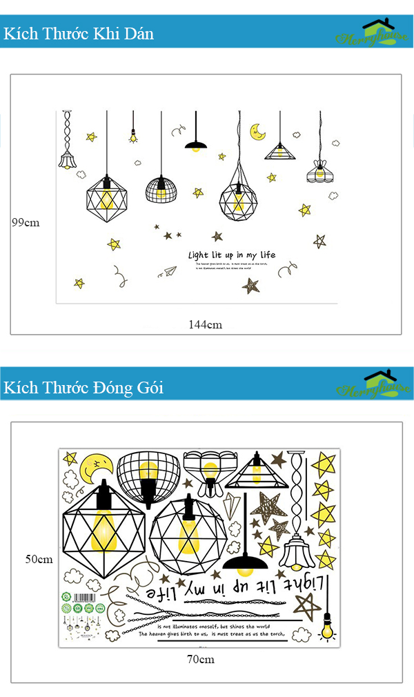 DECAL DÁN TƯỜNG CHÙM ĐÈN SAO VÀNG VÀ KITTY