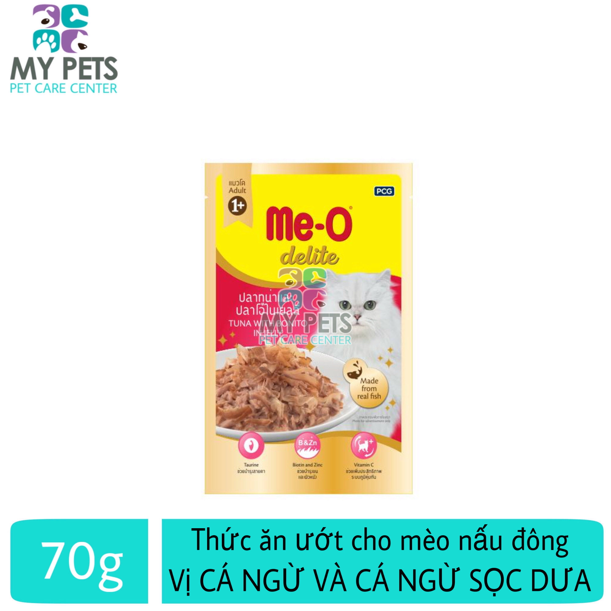 Thức ăn ướt Me-o delite  hương vị cá ngừ và cá ngừ sọc dưa nấu đông - Gói 70g