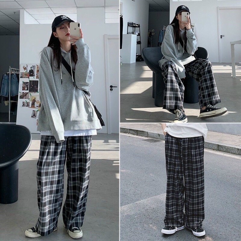 Quần Kẻ Caro Ống Rộng Cạp Chun Freesize