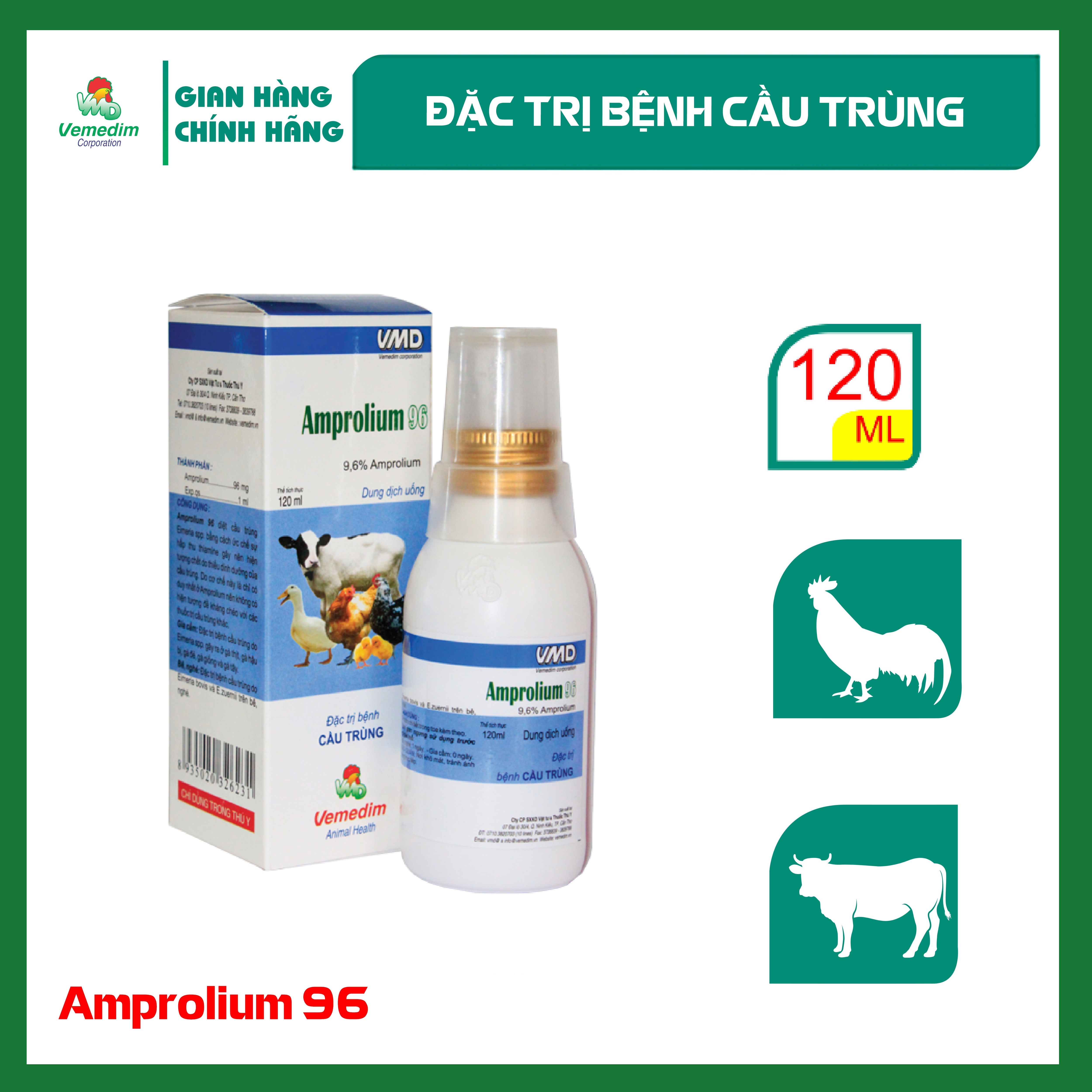 "Hoàn tiền đến 10%" Vemedim Amprolium 96 diệt cầu trùng cho gia súc, gia cầm, quy cách 120ml