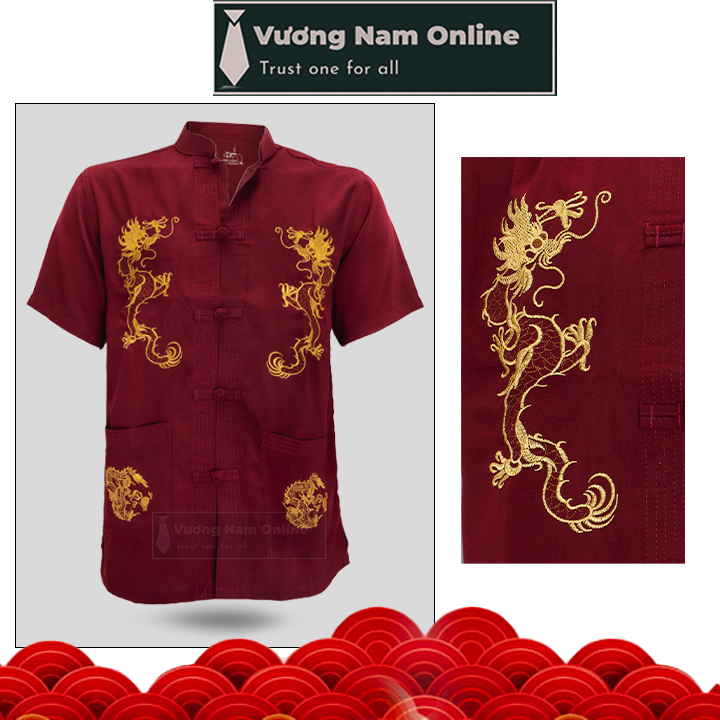 Áo sơ mi nam trung niên đũi ngắn tay form rộng cao cấp họa tiết thêu rồng
