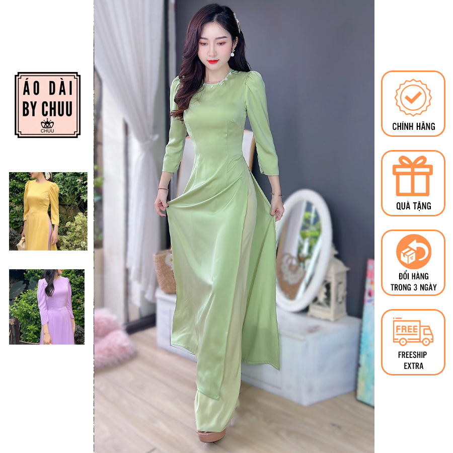Áo dài cách tân nữ tay bồng cổ đính ngọc không kèm quần CHUU AD8022