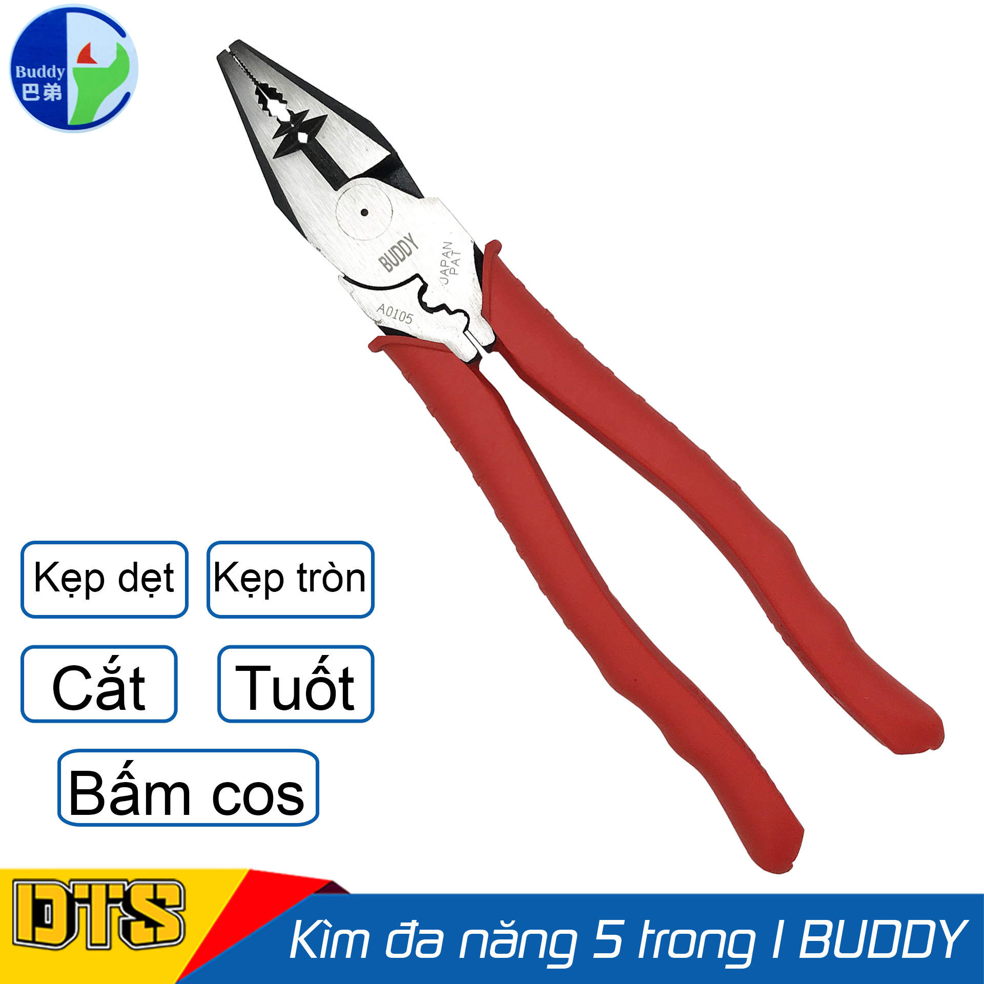 Kìm điện đa năng cao cấp Nhật Bản 5 trong 1 Buddy 9 inch/ 225mm (Kẹp-Cắt-Tuốt dây-Bấm cos) - Standard JAPAN