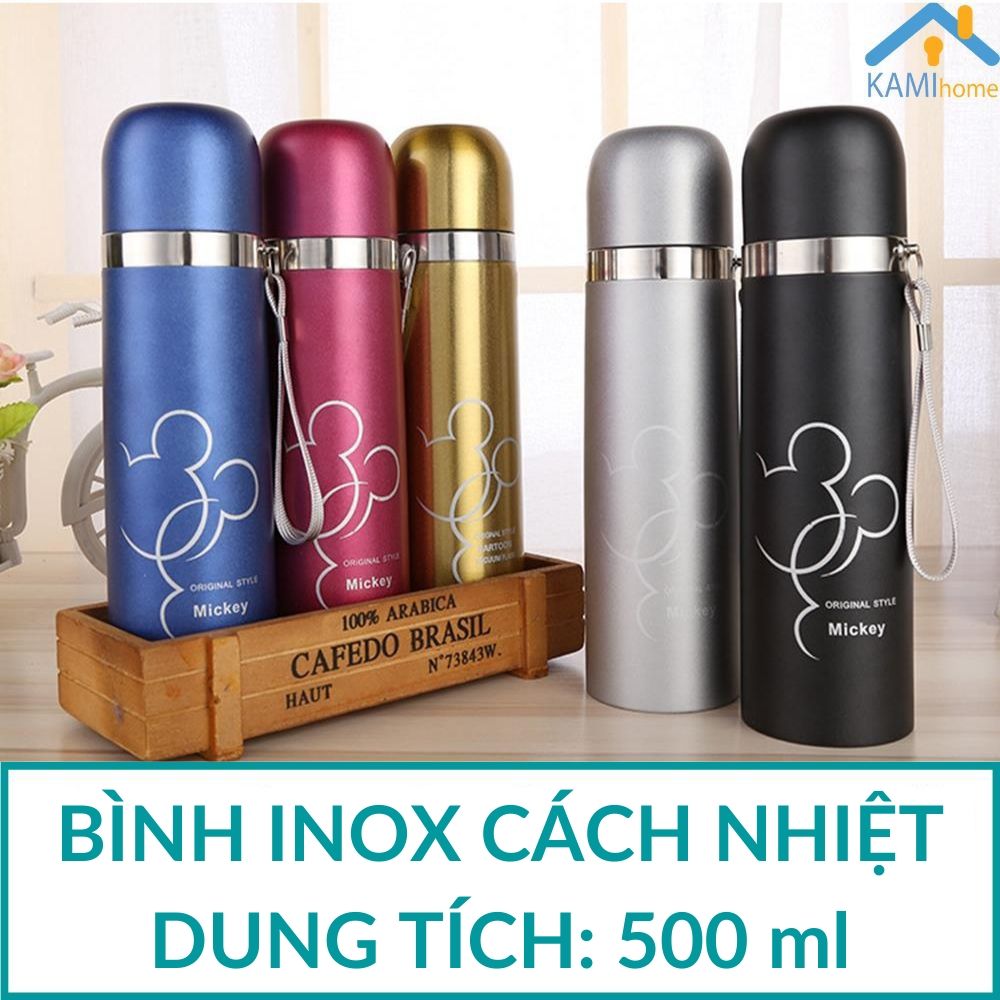 Bình giữ nhiệt inox 500ml hình in sinh động Micki và Chiếc Lá KamiHome Model22001 ly cốc uống nước