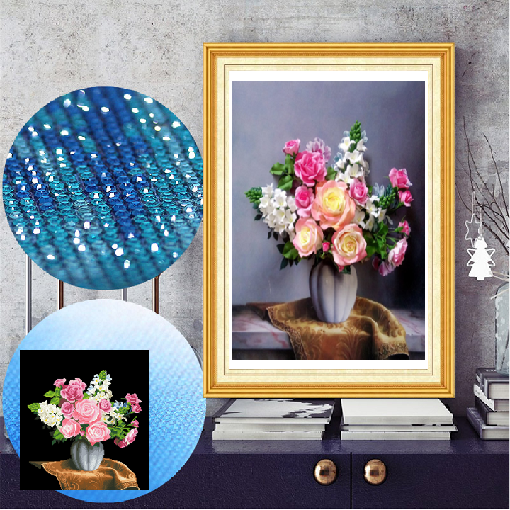 Tranh đính đá Bình hoa hồng LV068 KT:60*70cm