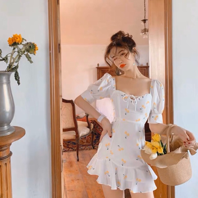 Đầm cherry vàng nghệ mắc cáo