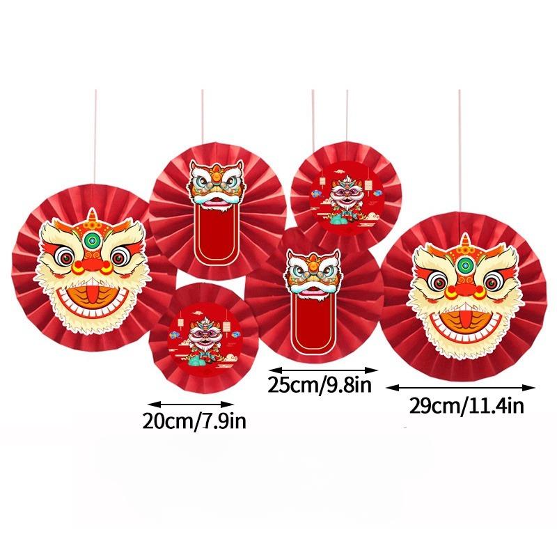 Set 6 Quạt Giấy Tròn Đầu Lân Trang Trí Lễ Tết
