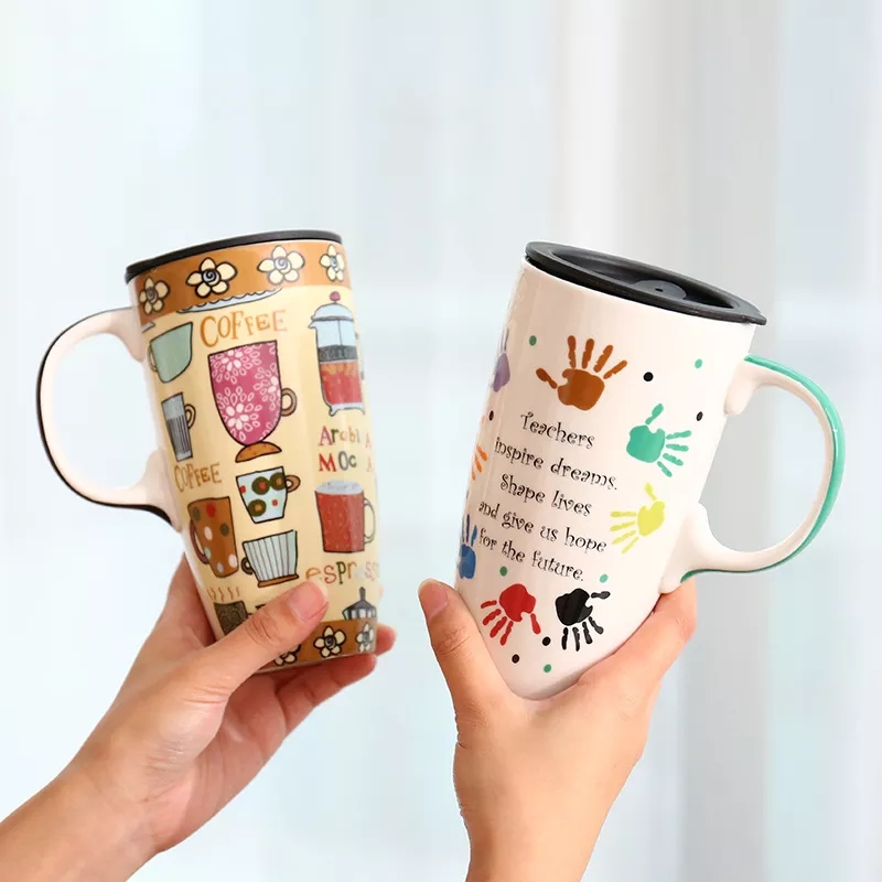 (tặng muỗng ) Cốc gốm sứ 500 ml có nắp họa tiêt 3d - ly uống cà phê trà có nắp - ly su - Ly Sứ có tay cầm - ly uống nước