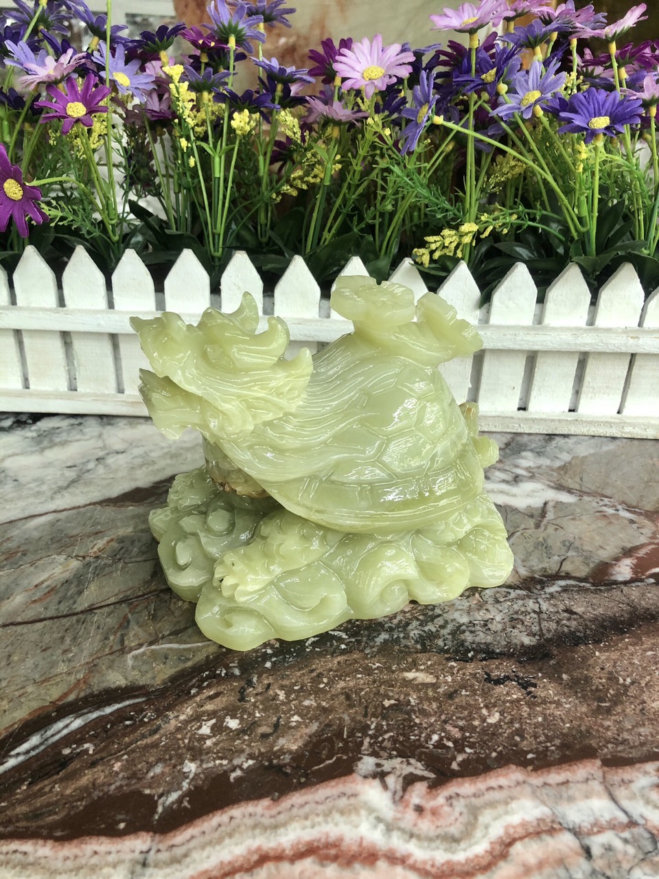 Tượng Long Quy cõng gậy như ý phong thủy đá ngọc Onyx - Dài 15 cm