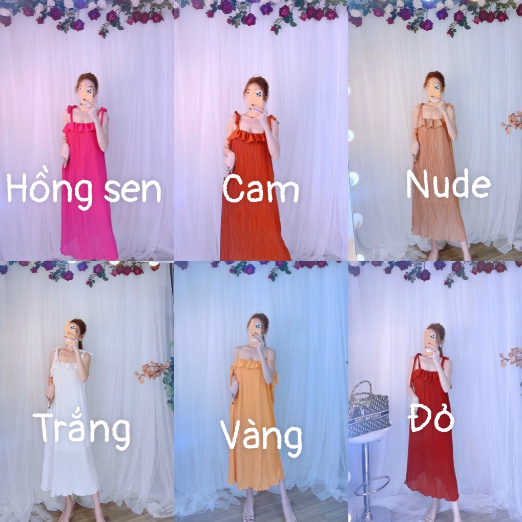 Đầm maxi hai dây cột nơ vai+  ảnh thật mẫu mặc