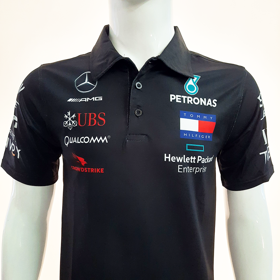 Áo thun nam có cổ tem xe Mercedes Đen